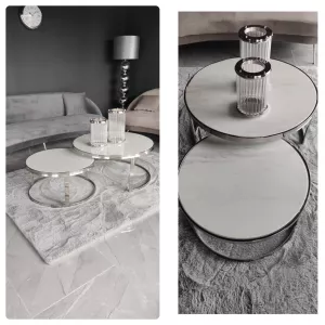 Salontafel Doblo Rond - Set van 2 Zilver - Wit Marmer