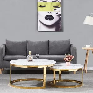 Salontafel Doblo Rond - Set van 2 Goud - Wit Marmer 